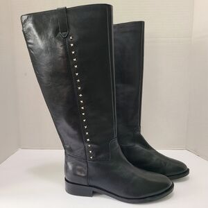 Marc Fisher Secrit Black Studded Leather Knee-High Boots Wide Calf 7.5‎